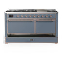 ILVE Majestic III 60-inch Dual Fuel Range with 7 Natural Gas Burner, Griddle and Solid Door Electric Oven in Blue Grey with Copper Trim (UM60FQNR3BGP)
