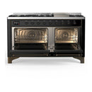 ILVE Majestic III 60-inch Dual Fuel Range with 7 Natural Gas Burner, Griddle and Solid Door Electric Oven in Glossy Black with Burnished Trim (UM60FQNR3BKB)