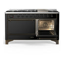 ILVE Majestic III 60-inch Dual Fuel Range with 7 Natural Gas Burner, Griddle and Solid Door Electric Oven in Glossy Black with Burnished Trim (UM60FQNR3BKB)