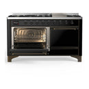 ILVE Majestic III 60-inch Dual Fuel Range with 7 Natural Gas Burner, Griddle and Solid Door Electric Oven in Glossy Black with Burnished Trim (UM60FQNR3BKB)