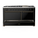ILVE Majestic III 60-inch Dual Fuel Range with 7 Natural Gas Burner, Griddle and Solid Door Electric Oven in Glossy Black with Burnished Trim (UM60FQNR3BKB)