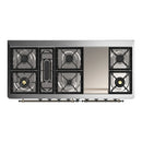 ILVE Majestic III 60-inch Dual Fuel Range with 7 Natural Gas Burner, Griddle and Solid Door Electric Oven in Glossy Black with Burnished Trim (UM60FQNR3BKB)