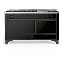 ILVE Majestic III 60-inch Dual Fuel Range with 7 Natural Gas Burner, Griddle and Solid Door Electric Oven in Glossy Black with Burnished Trim (UM60FQNR3BKB)