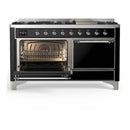 ILVE Majestic III 60-inch Dual Fuel Range with 5 Liquid Propane Burner, Griddle and Solid Door Electric Oven in Glossy Black with Chrome Trim (UM60FQNR3BKCLP)