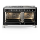 ILVE Majestic III 60-inch Dual Fuel Range with 7 Natural Gas Burner, Griddle and Solid Door Electric Oven in Glossy Black with Chrome Trim (UM60FQNR3BKC)