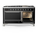 ILVE Majestic III 60-inch Dual Fuel Range with 7 Natural Gas Burner, Griddle and Solid Door Electric Oven in Glossy Black with Chrome Trim (UM60FQNR3BKC)