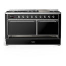 ILVE Majestic III 60-inch Dual Fuel Range with 7 Natural Gas Burner, Griddle and Solid Door Electric Oven in Glossy Black with Chrome Trim (UM60FQNR3BKC)
