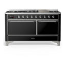 ILVE Majestic III 60-inch Dual Fuel Range with 7 Natural Gas Burner, Griddle and Solid Door Electric Oven in Glossy Black with Chrome Trim (UM60FQNR3BKC)