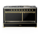 ILVE Majestic III 60-inch Dual Fuel Range with 5 Liquid Propane Burner, Griddle and Solid Door Electric Oven in Glossy Black with Brass Trim (UM60FQNR3BKGLP)