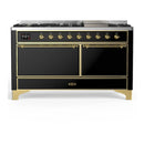 ILVE Majestic III 60-inch Dual Fuel Range with 5 Liquid Propane Burner, Griddle and Solid Door Electric Oven in Glossy Black with Brass Trim (UM60FQNR3BKGLP)