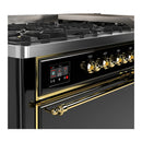 ILVE Majestic III 60-inch Dual Fuel Range with 7 Natural Gas Burner, Griddle and Solid Door Electric Oven in Glossy Black with Brass Trim (UM60FQNR3BKG)