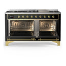 ILVE Majestic III 60-inch Dual Fuel Range with 7 Natural Gas Burner, Griddle and Solid Door Electric Oven in Glossy Black with Brass Trim (UM60FQNR3BKG)