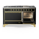 ILVE Majestic III 60-inch Dual Fuel Range with 7 Natural Gas Burner, Griddle and Solid Door Electric Oven in Glossy Black with Brass Trim (UM60FQNR3BKG)