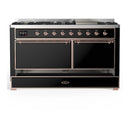 ILVE Majestic III 60-inch Dual Fuel Range with 5 Liquid Propane Burner, Griddle and Solid Door Electric Oven in Glossy Black with Copper Trim (UM60FQNR3BKPLP)