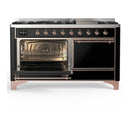 ILVE Majestic III 60-inch Dual Fuel Range with 7 Natural Gas Burner, Griddle and Solid Door Electric Oven in Glossy Black with Copper Trim (UM60FQNR3BKP)