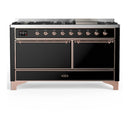 ILVE Majestic III 60-inch Dual Fuel Range with 7 Natural Gas Burner, Griddle and Solid Door Electric Oven in Glossy Black with Copper Trim (UM60FQNR3BKP)
