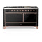 ILVE Majestic III 60-inch Dual Fuel Range with 7 Natural Gas Burner, Griddle and Solid Door Electric Oven in Glossy Black with Copper Trim (UM60FQNR3BKP)