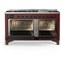 ILVE Majestic III 60-inch Dual Fuel Range with 7 Natural Gas Burner, Griddle and Solid Door Electric Oven in Burgundy with Burnished Trim (UM60FQNR3BUB)