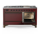 ILVE Majestic III 60-inch Dual Fuel Range with 7 Natural Gas Burner, Griddle and Solid Door Electric Oven in Burgundy with Burnished Trim (UM60FQNR3BUB)