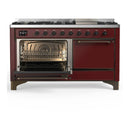 ILVE Majestic III 60-inch Dual Fuel Range with 7 Natural Gas Burner, Griddle and Solid Door Electric Oven in Burgundy with Burnished Trim (UM60FQNR3BUB)