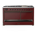 ILVE Majestic III 60-inch Dual Fuel Range with 7 Natural Gas Burner, Griddle and Solid Door Electric Oven in Burgundy with Burnished Trim (UM60FQNR3BUB)