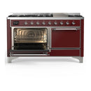 ILVE Majestic III 60-inch Dual Fuel Range with 5 Liquid Propane Burner, Griddle and Solid Door Electric Oven in Burgundy with Chrome Trim (UM60FQNR3BUCLP)