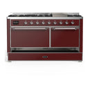 ILVE Majestic III 60-inch Dual Fuel Range with 7 Natural Gas Burner, Griddle and Solid Door Electric Oven in Burgundy with Chrome Trim (UM60FQNR3BUC)