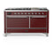 ILVE Majestic III 60-inch Dual Fuel Range with 7 Natural Gas Burner, Griddle and Solid Door Electric Oven in Burgundy with Chrome Trim (UM60FQNR3BUC)