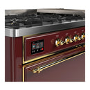 ILVE Majestic III 60-inch Dual Fuel Range with 7 Natural Gas Burner, Griddle and Solid Door Electric Oven in Burgundy with Brass Trim (UM60FQNR3BUG)