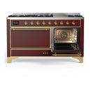 ILVE Majestic III 60-inch Dual Fuel Range with 7 Natural Gas Burner, Griddle and Solid Door Electric Oven in Burgundy with Brass Trim (UM60FQNR3BUG)