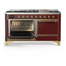 ILVE Majestic III 60-inch Dual Fuel Range with 7 Natural Gas Burner, Griddle and Solid Door Electric Oven in Burgundy with Brass Trim (UM60FQNR3BUG)