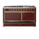 ILVE Majestic III 60-inch Dual Fuel Range with 7 Natural Gas Burner, Griddle and Solid Door Electric Oven in Burgundy with Brass Trim (UM60FQNR3BUG)