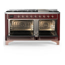 ILVE Majestic III 60-inch Dual Fuel Range with 7 Natural Gas Burner, Griddle and Solid Door Electric Oven in Burgundy with Copper Trim (UM60FQNR3BUP)