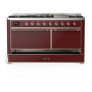 ILVE Majestic III 60-inch Dual Fuel Range with 7 Natural Gas Burner, Griddle and Solid Door Electric Oven in Burgundy with Copper Trim (UM60FQNR3BUP)