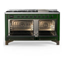 ILVE Majestic III 60-inch Dual Fuel Range with 7 Natural Gas Burner, Griddle and Solid Door Electric Oven in Emerald Green with Burnished Trim (UM60FQNR3EGB)