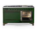 ILVE Majestic III 60-inch Dual Fuel Range with 7 Natural Gas Burner, Griddle and Solid Door Electric Oven in Emerald Green with Burnished Trim (UM60FQNR3EGB)