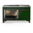 ILVE Majestic III 60-inch Dual Fuel Range with 7 Natural Gas Burner, Griddle and Solid Door Electric Oven in Emerald Green with Burnished Trim (UM60FQNR3EGB)