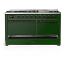 ILVE Majestic III 60-inch Dual Fuel Range with 7 Natural Gas Burner, Griddle and Solid Door Electric Oven in Emerald Green with Burnished Trim (UM60FQNR3EGB)