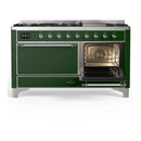 ILVE Majestic III 60-inch Dual Fuel Range with 7 Natural Gas Burner, Griddle and Solid Door Electric Oven in Emerald Green with Chrome Trim (UM60FQNR3EGC)