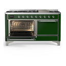 ILVE Majestic III 60-inch Dual Fuel Range with 7 Natural Gas Burner, Griddle and Solid Door Electric Oven in Emerald Green with Chrome Trim (UM60FQNR3EGC)