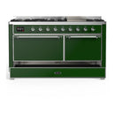 ILVE Majestic III 60-inch Dual Fuel Range with 7 Natural Gas Burner, Griddle and Solid Door Electric Oven in Emerald Green with Chrome Trim (UM60FQNR3EGC)
