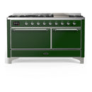 ILVE Majestic III 60-inch Dual Fuel Range with 7 Natural Gas Burner, Griddle and Solid Door Electric Oven in Emerald Green with Chrome Trim (UM60FQNR3EGC)