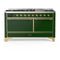 ILVE Majestic III 60-inch Dual Fuel Range with 5 Liquid Propane Burner, Griddle and Solid Door Electric Oven in Emerald Green with Brass Trim (UM60FQNR3EGGLP)