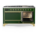 ILVE Majestic III 60-inch Dual Fuel Range with 7 Natural Gas Burner, Griddle and Solid Door Electric Oven in Emerald Green with Brass Trim (UM60FQNR3EGG)