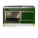 ILVE Majestic III 60-inch Dual Fuel Range with 7 Natural Gas Burner, Griddle and Solid Door Electric Oven in Emerald Green with Brass Trim (UM60FQNR3EGG)