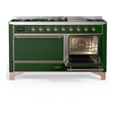 ILVE Majestic III 60-inch Dual Fuel Range with 5 Liquid Propane Burner, Griddle and Solid Door Electric Oven in Emerald Green with Copper Trim (UM60FQNR3EGPLP)