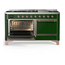ILVE Majestic III 60-inch Dual Fuel Range with 5 Liquid Propane Burner, Griddle and Solid Door Electric Oven in Emerald Green with Copper Trim (UM60FQNR3EGPLP)