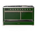 ILVE Majestic III 60-inch Dual Fuel Range with 5 Liquid Propane Burner, Griddle and Solid Door Electric Oven in Emerald Green with Copper Trim (UM60FQNR3EGPLP)