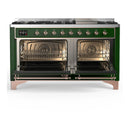 ILVE Majestic III 60-inch Dual Fuel Range with 7 Natural Gas Burner, Griddle and Solid Door Electric Oven in Emerald Green with Copper Trim (UM60FQNR3EGP)
