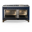 ILVE Majestic III 60-inch Dual Fuel Range with 5 Liquid Propane Burner, Griddle and Solid Door Electric Oven in Midnight Blue with Burnished Trim (UM60FQNR3MBBLP)